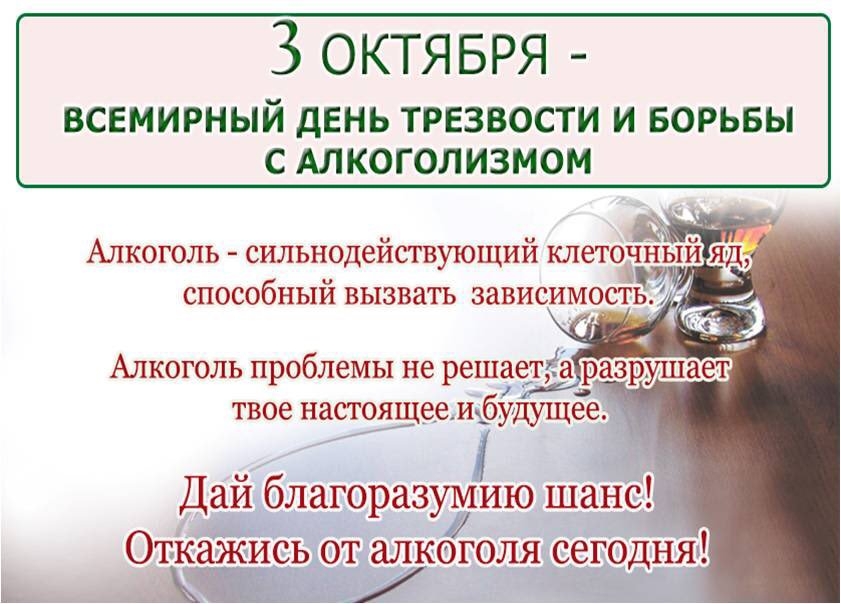 Ежегодно 3 октября мир отмечает важную дату — Всемирный день трезвости и борьбы с алкоголизмом. Это не просто повод поговорить о вреде спиртного, а напоминание о том, как важно беречь себя, свое здоро
